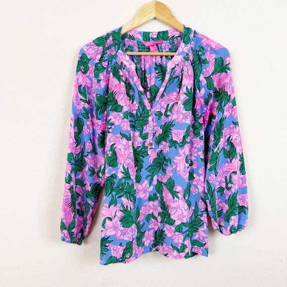 Lilly Pulitzer Elsa Silk Floral Printed Long Sleeve Blouse Size XL - Picture 1 of 5